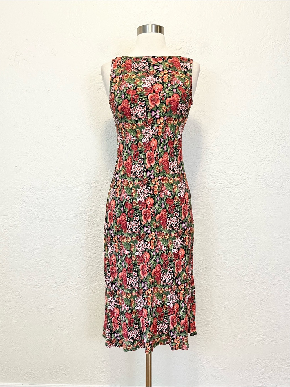 Vintage 90s Y2K Dress Midi Red Floral Romantic Feminine Grunge XS